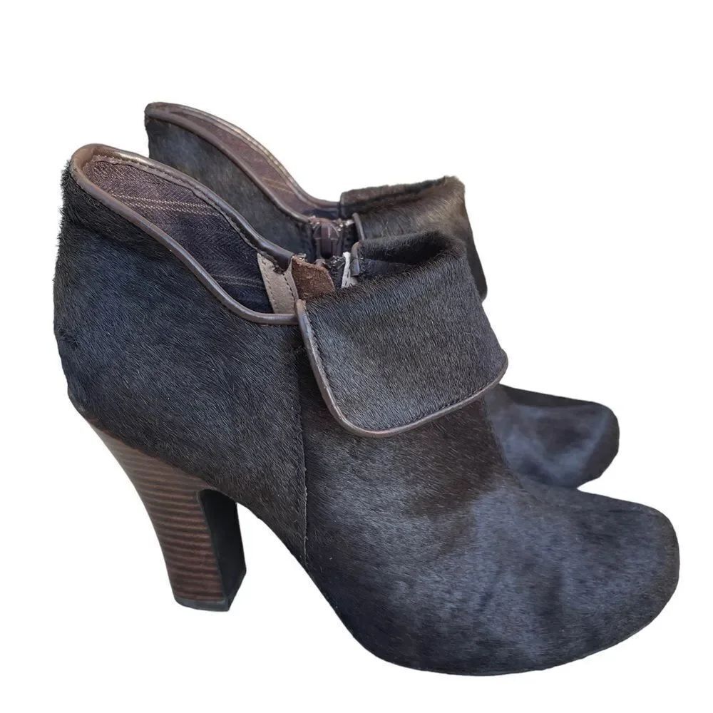 Fossil Brown Calf Hair Cuffed Heeled Ankle Boots Size 7.5